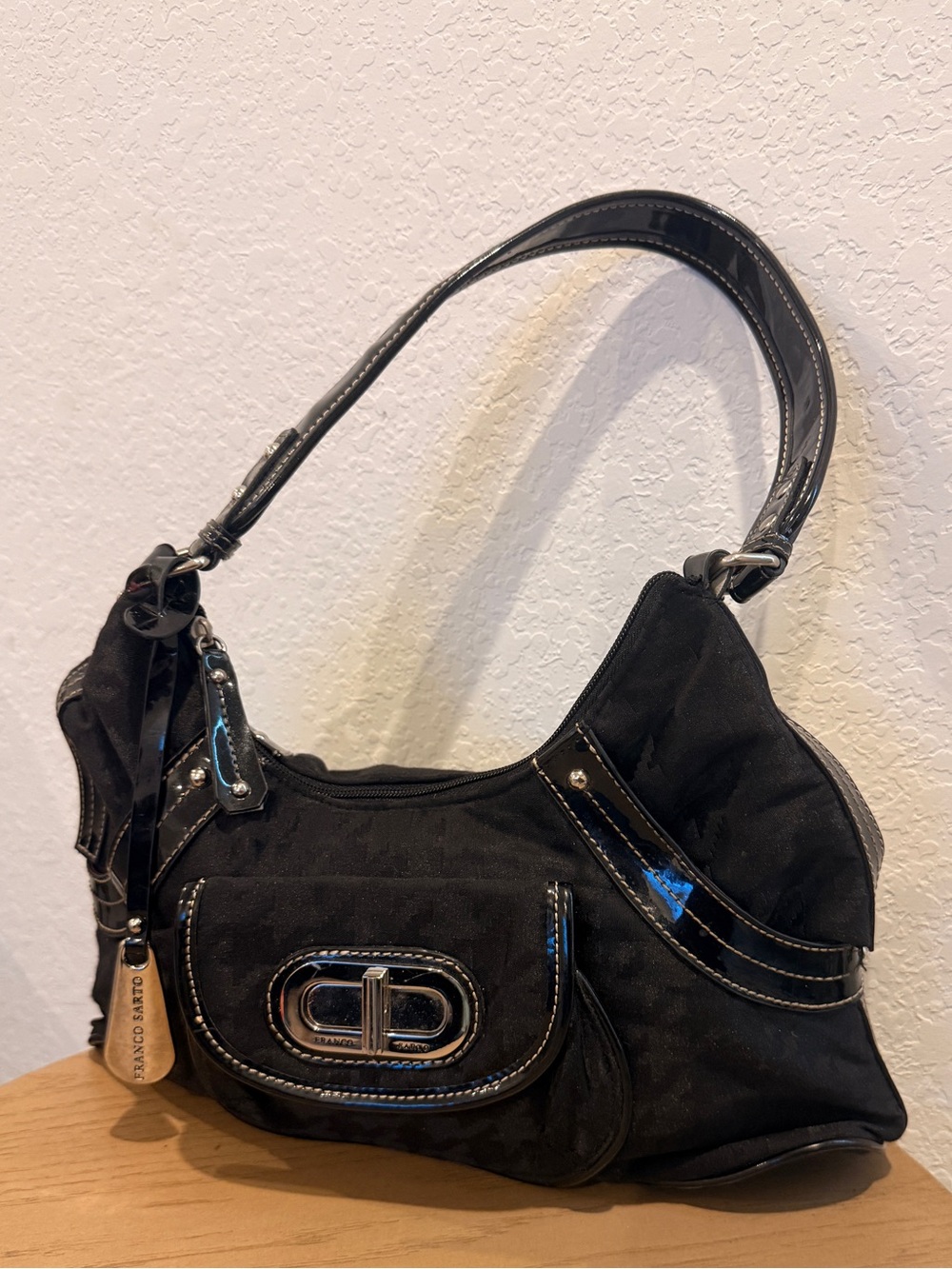 Franco Sarto Y2K Black Shoulder Bag‎ with Patent Trim
